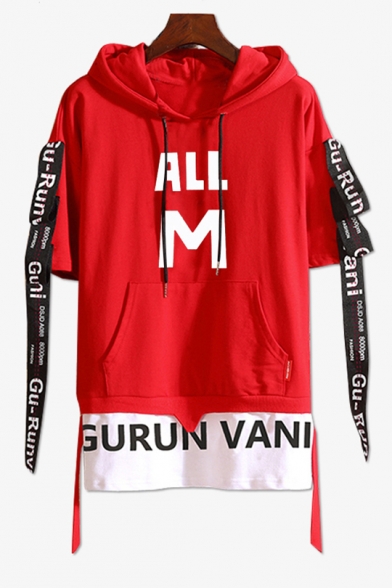 New Popular Letter ALL M Print Cool Ribbon Short Sleeve Hooded Fake Two-Piece T-Shirt