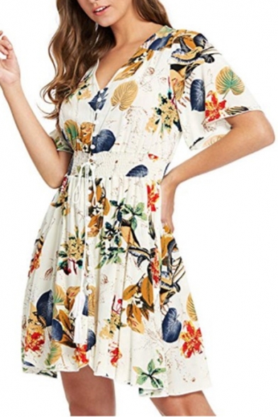 New Stylish Summer Floral Printed V-Neck Drawstring Waist Button Front Mini A-Line Dress