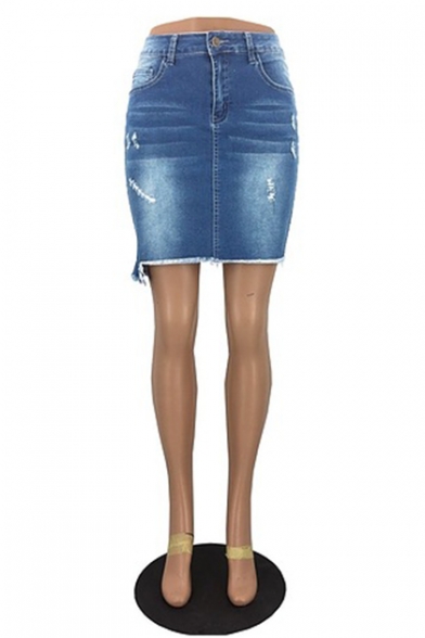 New Trendy Blue Distressed Ripped Raw Hem Mini Bodycon Asymmetrical Denim Skirt