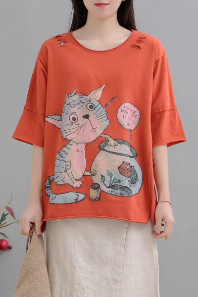 New Trendy Cartoon Cat Letter Printed Half Sleeve Round Neck Cutout Cotton Graphic Tee