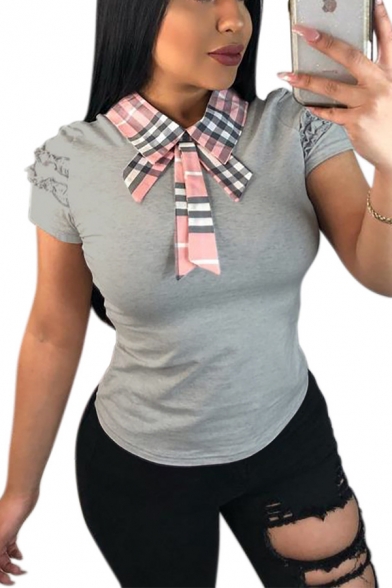 New Trendy Plaid Bow-Tied Collar Short Sleeve Slim Fit T-Shirt for Women