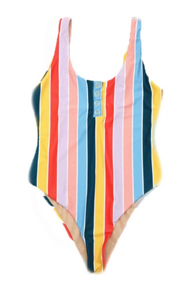 Chic Vertical Stripe Pattern Button Front One Piece Swimwear