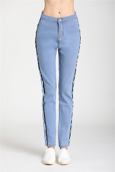 New Trendy Stripe Tape Side Womens Vintage Light Blue Classic-Fit Jeans
