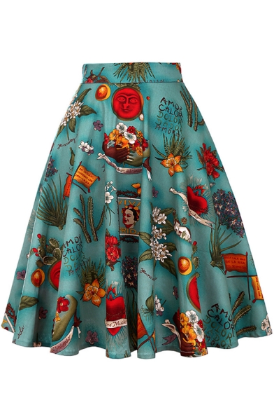 New Trendy Vintage Floral Fruit Printed High Rise Green Flared Midi Skirt