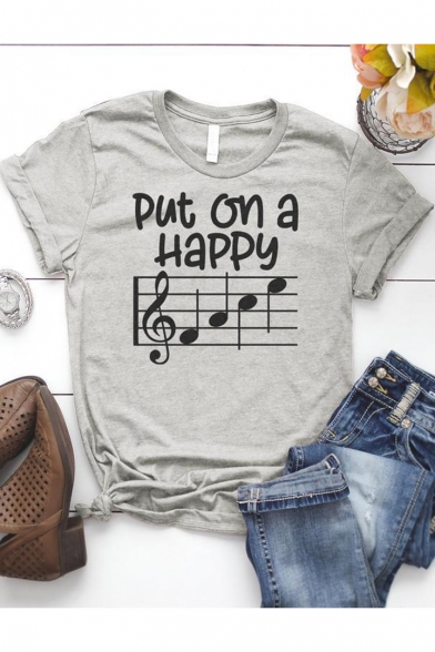 Put on a Happy Graphic Printed Basic Short Sleeve Casual Grey Tee