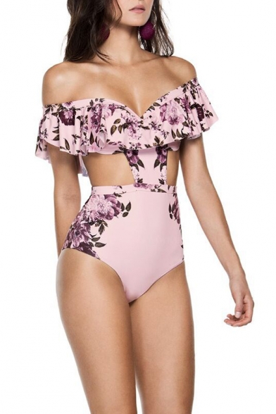Retro Floral Printed Off the Shoulder Cutout Pink One Piece Swimwear