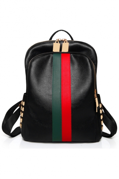 Simple Classic Color Block Striped Rivet Embellishment Black PU Backpack 26*12*28 CM