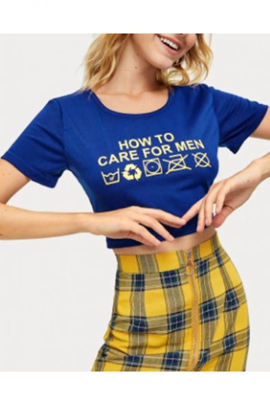 Summer Blue Funny Letter HOW TO CARE FOR MEN Cropped Graphic Tee