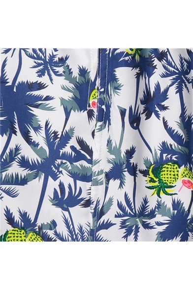 Summer Blue Tropical Printed Drawstring Waist Quick Dry Surfing Swim Trunks for Men