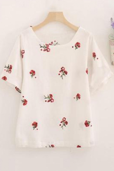 Summer Chic Floral Embroidery Round Neck Short Sleeve Casual Linen T-Shirt