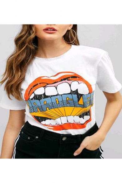 Summer Cool Funny Big Mouth Printed Round Neck Short Sleeve White Relaxed T-Shirt