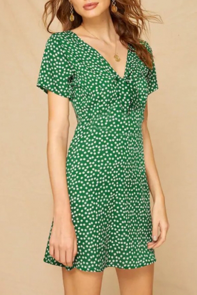 Summer Fashion Dark Green Polka Dot Printed Bow-Tied V Neck Short Sleeve Mini A-Line Dress