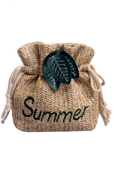 Summer Fashion Letter Embroidery Leaves Decoration Straw Drawstring Crossbody Bag 15*6*18 CM