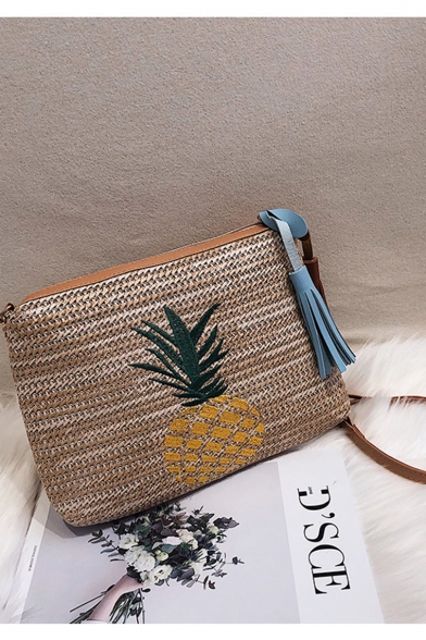 Summer Fashion Pineapple Embroidery Pattern Khaki Straw Fringe Crossbody Shoulder Bag 21*5*29 CM