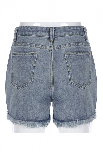 Summer Girls New Stylish Floral Patched Frayed Hem Light Blue Denim Shorts