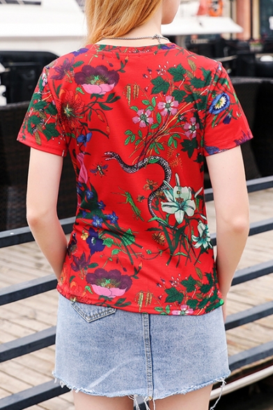 Summer Hot Fashion Floral Print Short Sleeve Round Neck Red T-Shirt