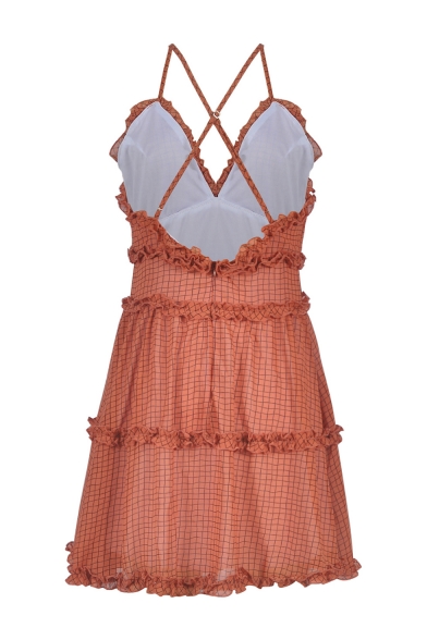 Summer Hot Fashion Plaid Floral Printed Ruffled Trim V-Neck Mini A-Line Slip Dress