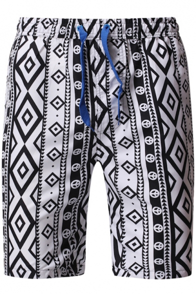 Summer Men's Trendy Geometric Printed Drawstring Waist White Beach Swim Shorts