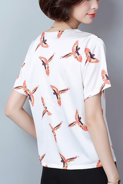 Summer New Arrival Birds Print Round Neck Short Sleeve T-Shirt for Women