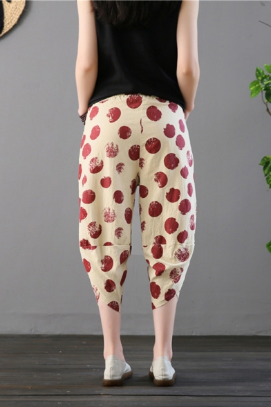 Summer New Fashion Classic Polka Dot Printed Elastic Waist Linen Harem Pants for Women