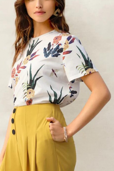 Summer New Fashion Floral Printed Round Neck Short Sleeve White Tee