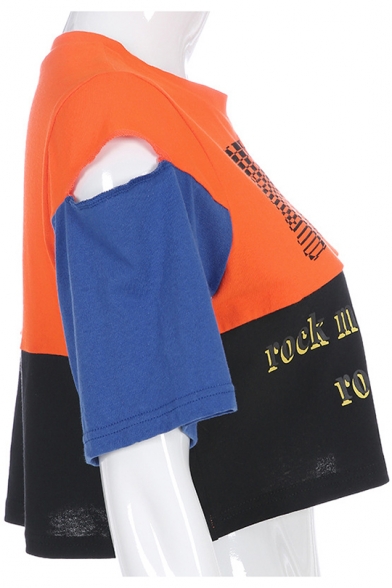 Summer Orange Cool Colorblock Letter SURE ROCK MORE Print Cropped Short Sleeve T-Shirt