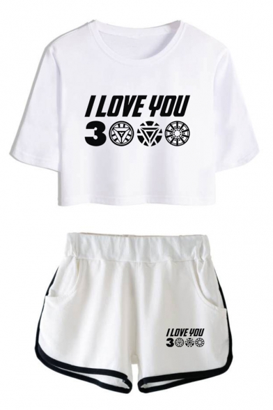 Summer Trendy Letter I LOVE YOU 3000 Cropped Tee with Loose Shorts Casual Two-Piece Set for Girls