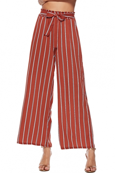 Summer Trendy Red Vertical Stripe Printed Tied Front High Rise Wide-Leg Pants for Women