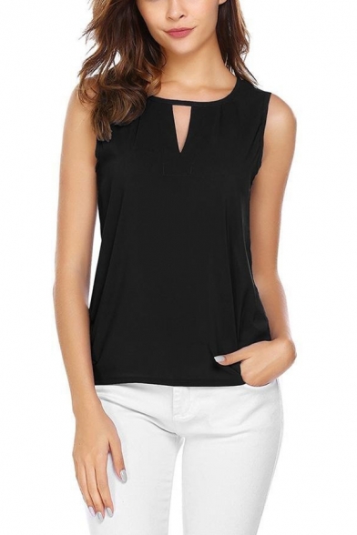 Unique Cutout Round Neck Sleeveless Solid Color Chiffon T-Shirt Top