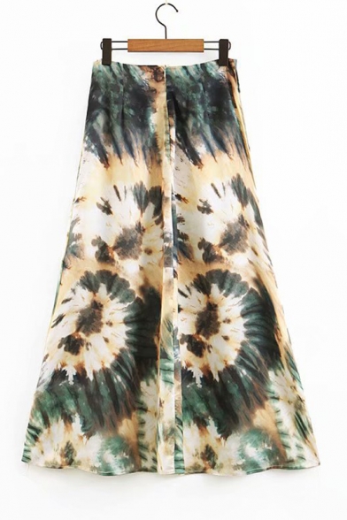 Unique Green Tie Dye Printed High Waisted Midi A-Line Skirt