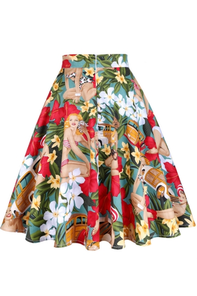 Vintage High Waist Western Girl Floral Printed Cotton Midi Flare Skirt