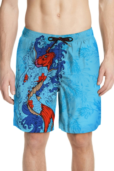 Wave Carp Fish Pattern Blue Quick Drying Mens Lounge Beach Swim Trunks with Lining