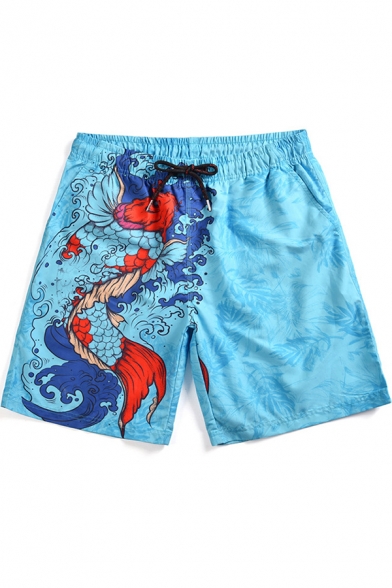 Wave Carp Fish Pattern Blue Quick Drying Mens Lounge Beach Swim Trunks with Lining