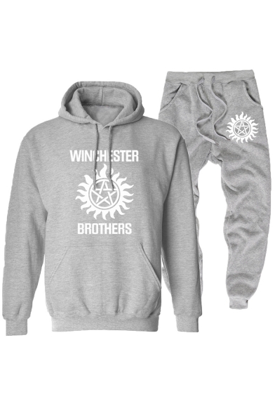 Winchester Btothers Logo Printed Casual Hoodie with Sport Sweat Pants Two-Piece Set