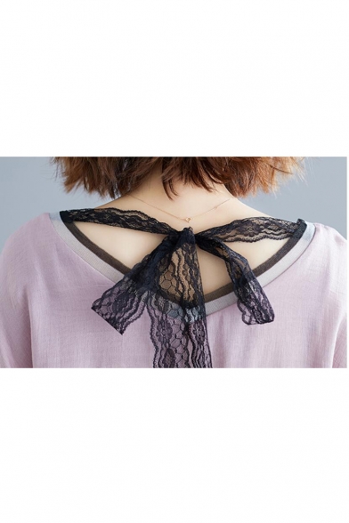 Women's Basic V-Neck Short Sleeve Cat Print Embellished Bow-Tied Back Loose Plus Size T-Shirt