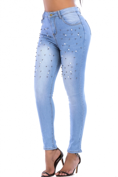 Women's Faded Blue Chic Beading Embellished Stretch Skinny Fit Jeans