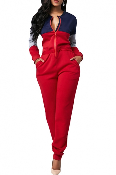 

Women' Fashion Thicken Patchwork Color Block Long Sleeve Zip Front Jumpsuit, LM523237