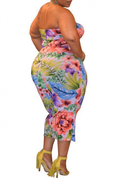 Women's Multicolor Floral Print Off the Shoulder Sleeveless Oversized Maxi Bodycon Dress