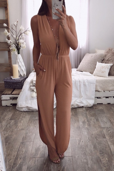 Women's New Fashion Solid Color Sexy Plunged Neck Split Side Jumpsuits with Pockets