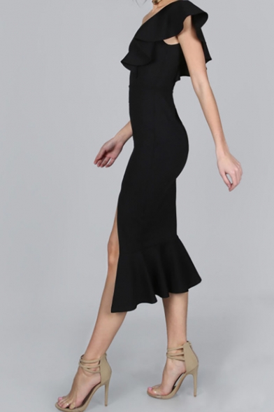Women's Sexy Trendy Ruffle One Shoulder Sleeveless Plain Pattern Midi Bodycon Slit Dress