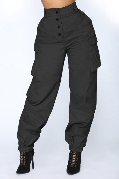 Women's Street Style Solid Color Flap Pocket Side Button-Fly Elastic Cuff Cargo Pants