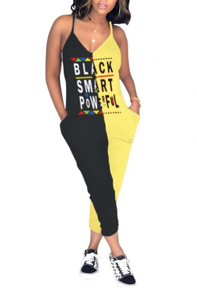 Women's Stylish Letter BLACK SMART Color Block V-Neck Spaghetti Straps Loose Jumpsuit
