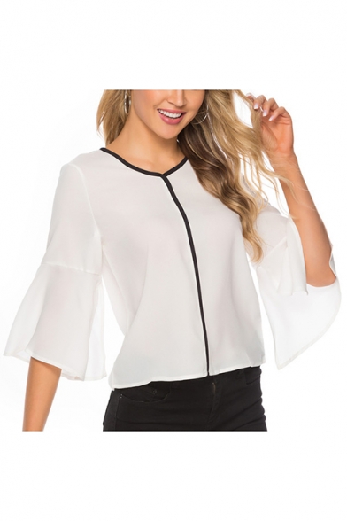Women's Summer White V-Neck Ruffled Sleeve Contrast Piping Loose Fit Chiffon Blouse Top