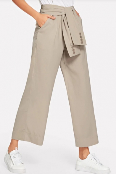 Womens New Trendy Solid Color Tied Waist Wide-Leg Suit Pants Trousers