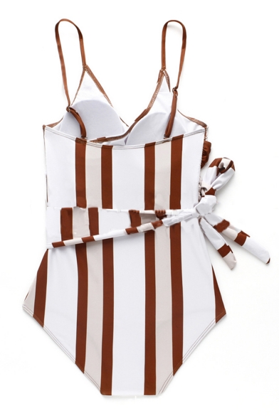 Womens New Trendy Unique Striped Printed Tied Waist One Piece Swimsuit Swimwear
