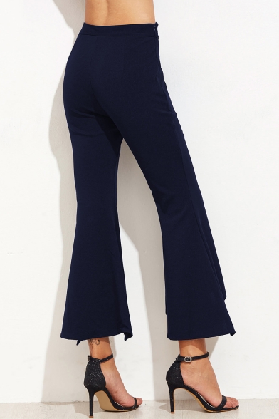 Womens Solid Color Fashion Asymmetrical Cuff Zip Side Slim Fit Flare Pants