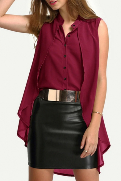 

Womens Stylish Unique Stand Collar Sleeveless Button Front High Low Hem Plain Burgundy Shirt Blouse, LM525287