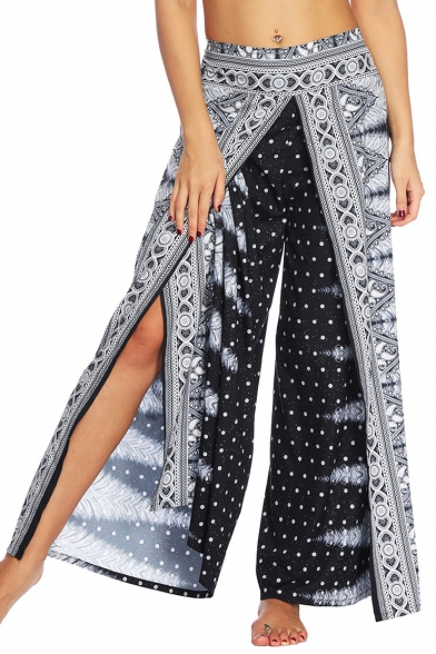 Womens Summer Boho Style Casual Loose Wide-Leg Yoga Trousers Palazzo Pants in Navy