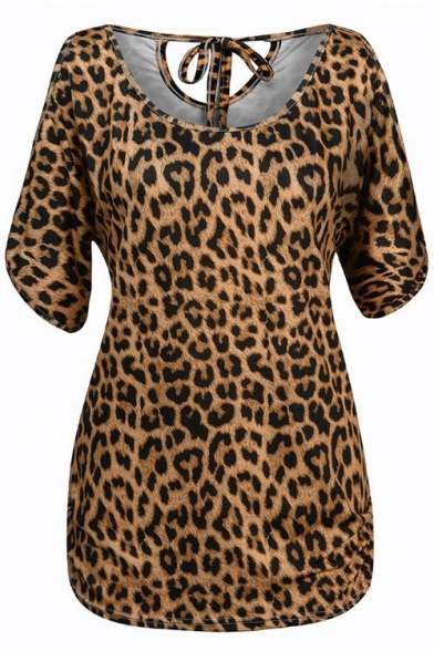 Womens Summer Chic Leopard Printed Cold Shoulder Round Neck Casual Loose T-Shirt