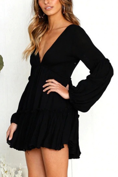 Womens Summer New Trendy Solid Color V-Neck Long Sleeve Layered Ruffle Mini A-Line Dress